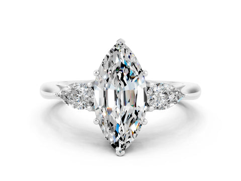 White gold Marquise Cut Moissanite Three-Stone Ring with Pear Side Stones and Four-Prong Setting_12