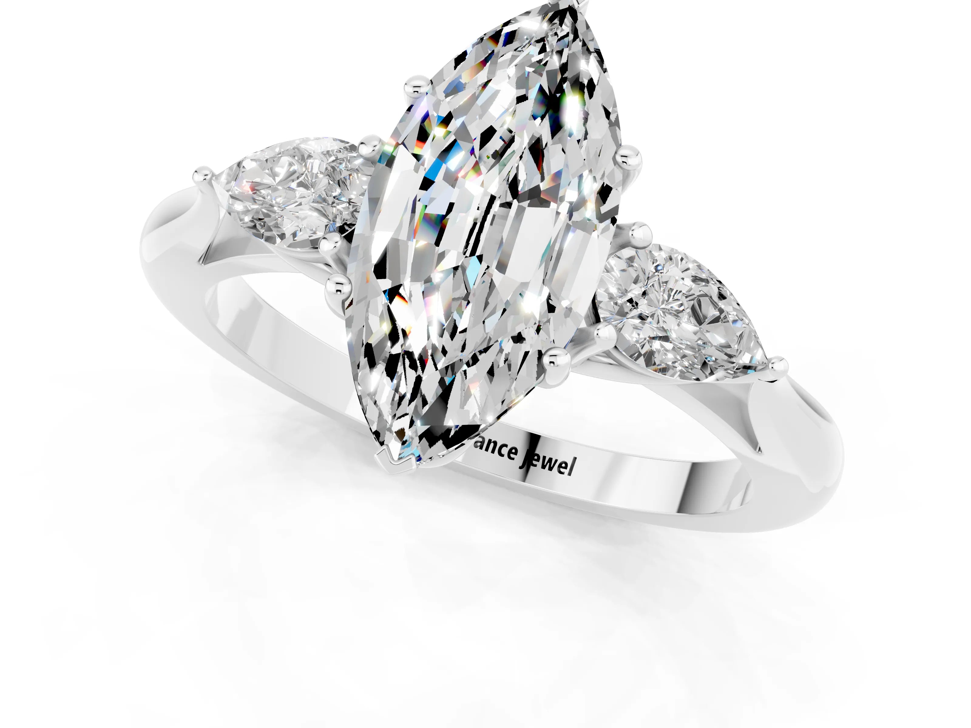White gold Marquise Cut Moissanite Three-Stone Ring with Pear Side Stones and Four-Prong Setting_13