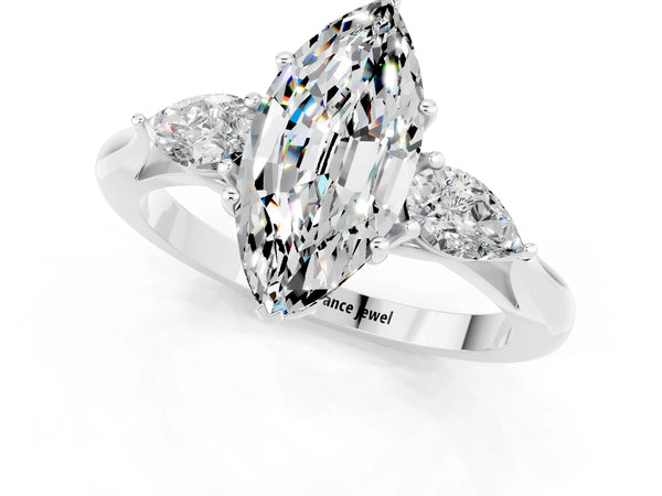 Platinum Marquise Cut Moissanite Three-Stone Ring with Pear  Side Stones and Prong Setting