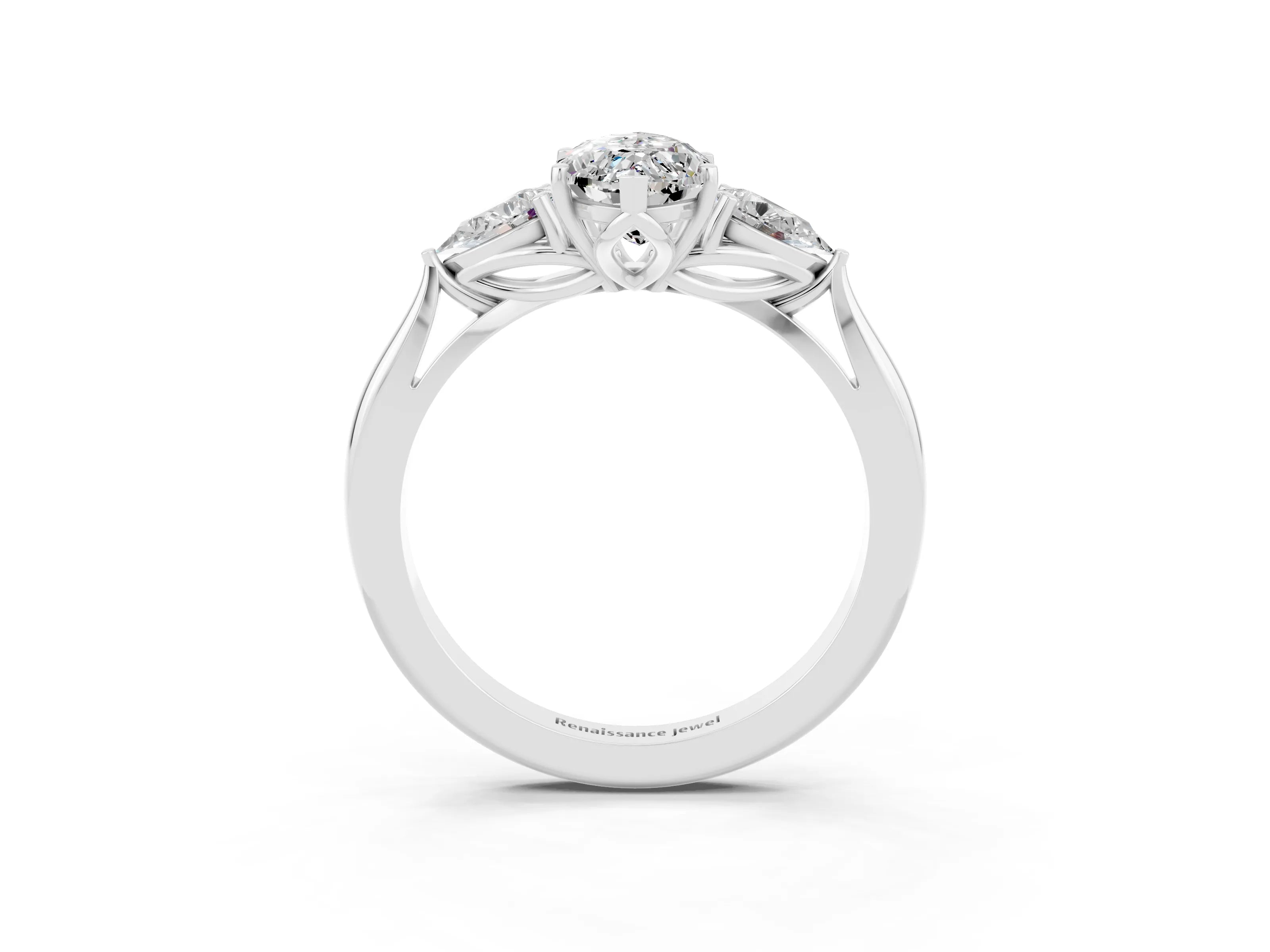 White gold Marquise Cut Moissanite Three-Stone Ring with Pear Side Stones and Four-Prong Setting_15
