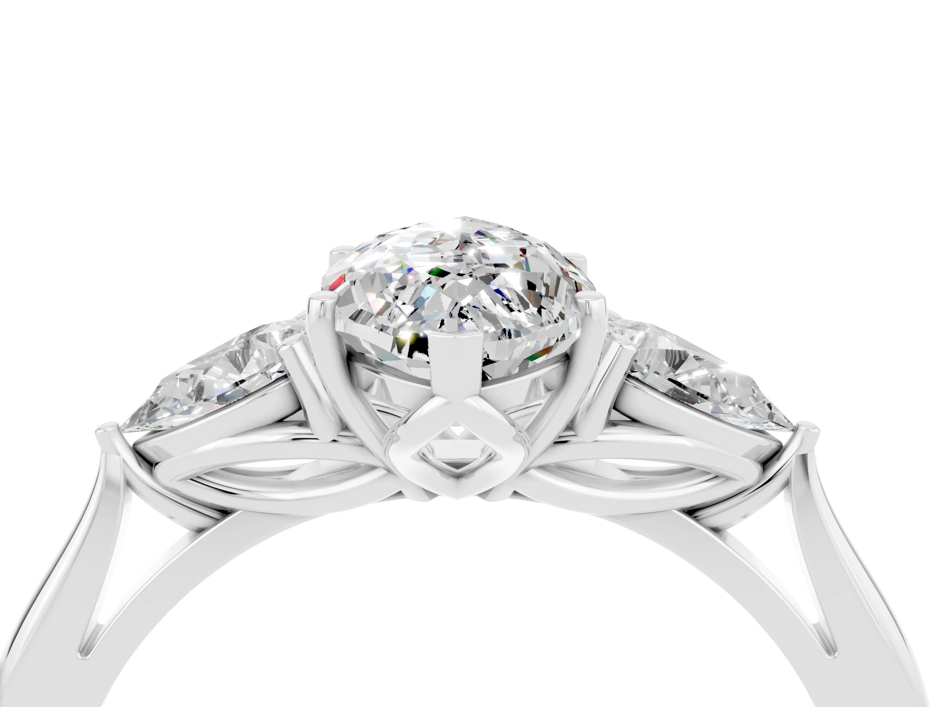 White gold Marquise Cut Moissanite Three-Stone Ring with Pear Side Stones and Four-Prong Setting_16