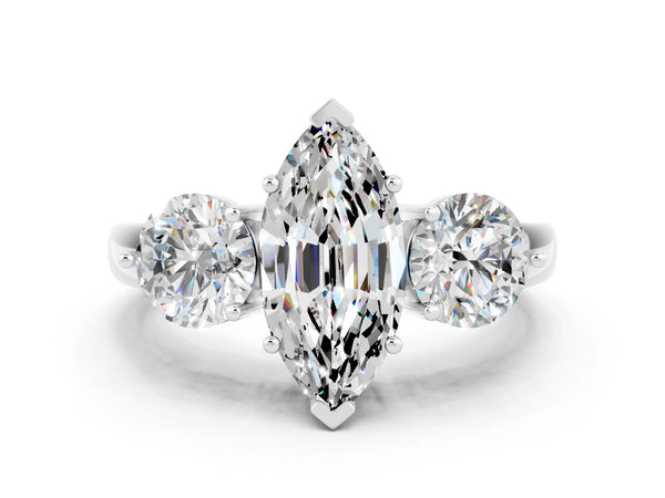 Platinum Marquise Cut Moissanite Three-Stone Ring with Prong Setting and Classic Band