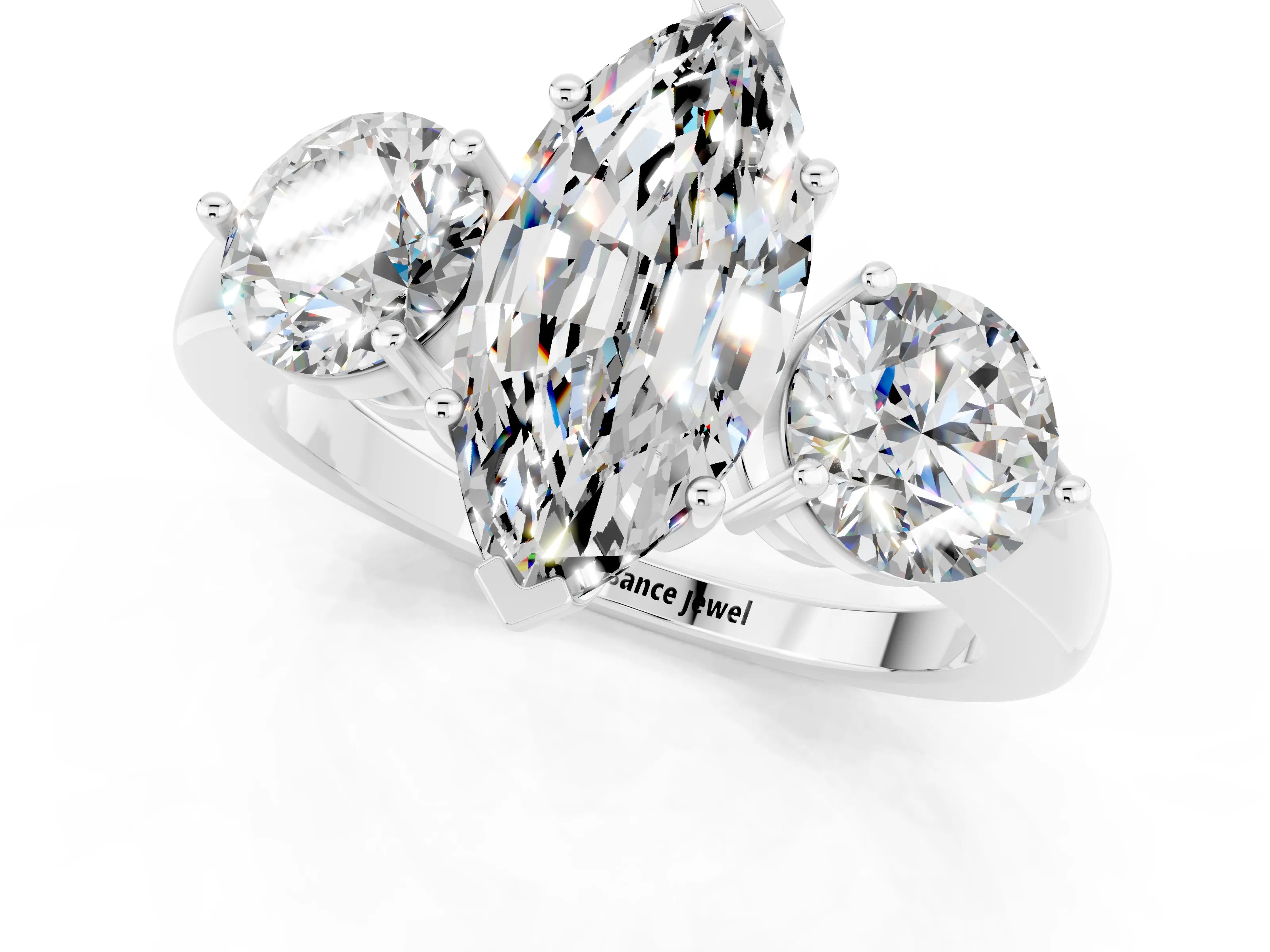 White gold Marquise Cut Moissanite Three-Stone Ring with Prong Setting and Classic Band_1