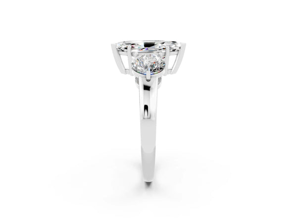 Platinum Marquise Cut Moissanite Three-Stone Ring with Prong Setting and Classic Band