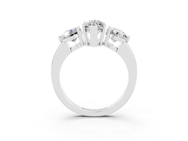 Silver Marquise Cut Moissanite Three-Stone Ring with Prong Setting and Classic Band