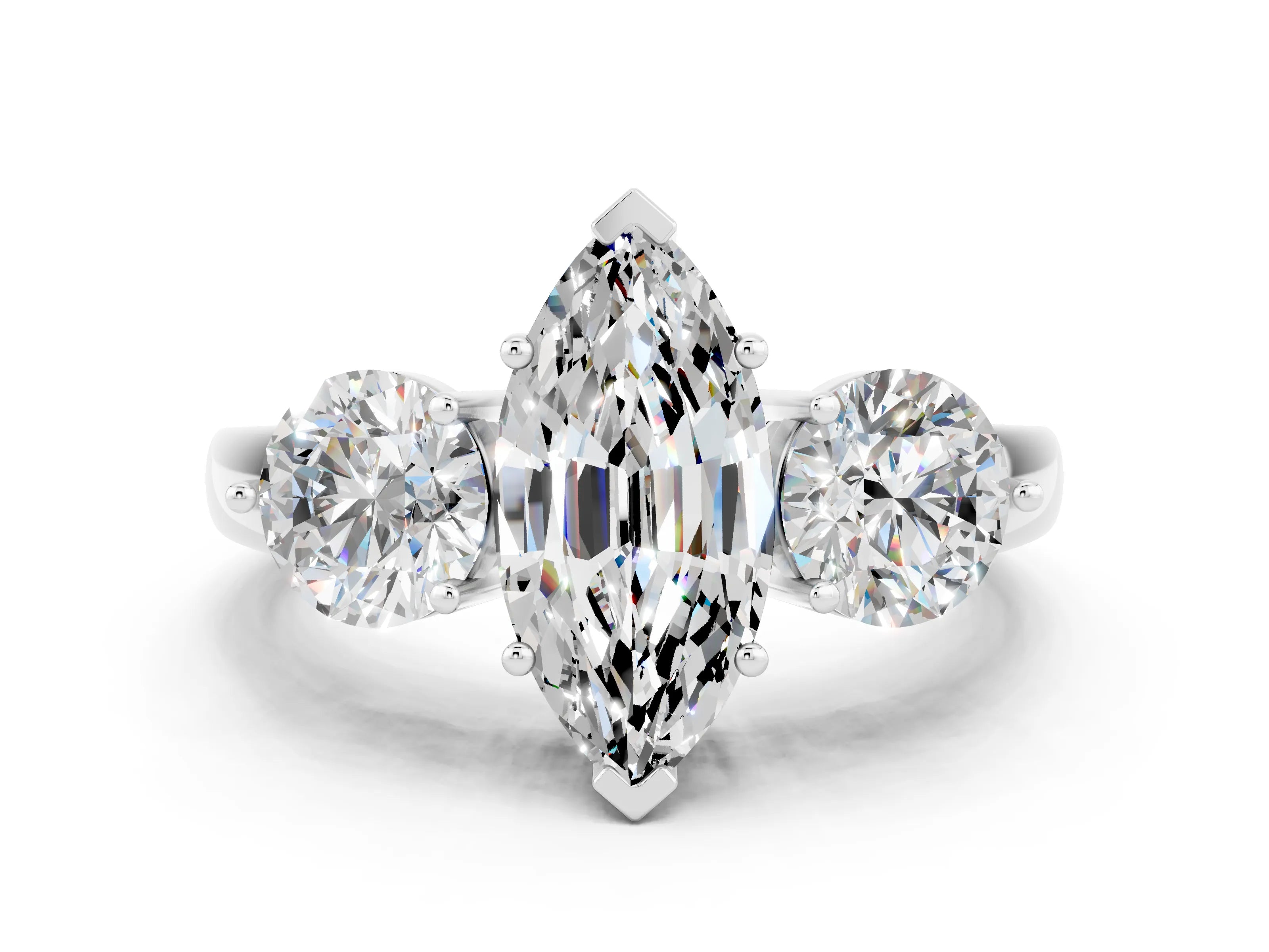 White gold Marquise Cut Moissanite Three-Stone Ring with Prong Setting and Classic Band