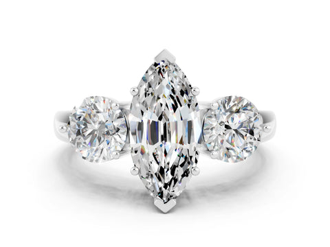 White gold Marquise Cut Moissanite Three-Stone Ring with Prong Setting and Classic Band