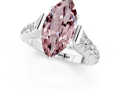 White gold Marquise Cut Morganite Classic Solitaire Ring with Pavé Band and Four-Prong Setting_1