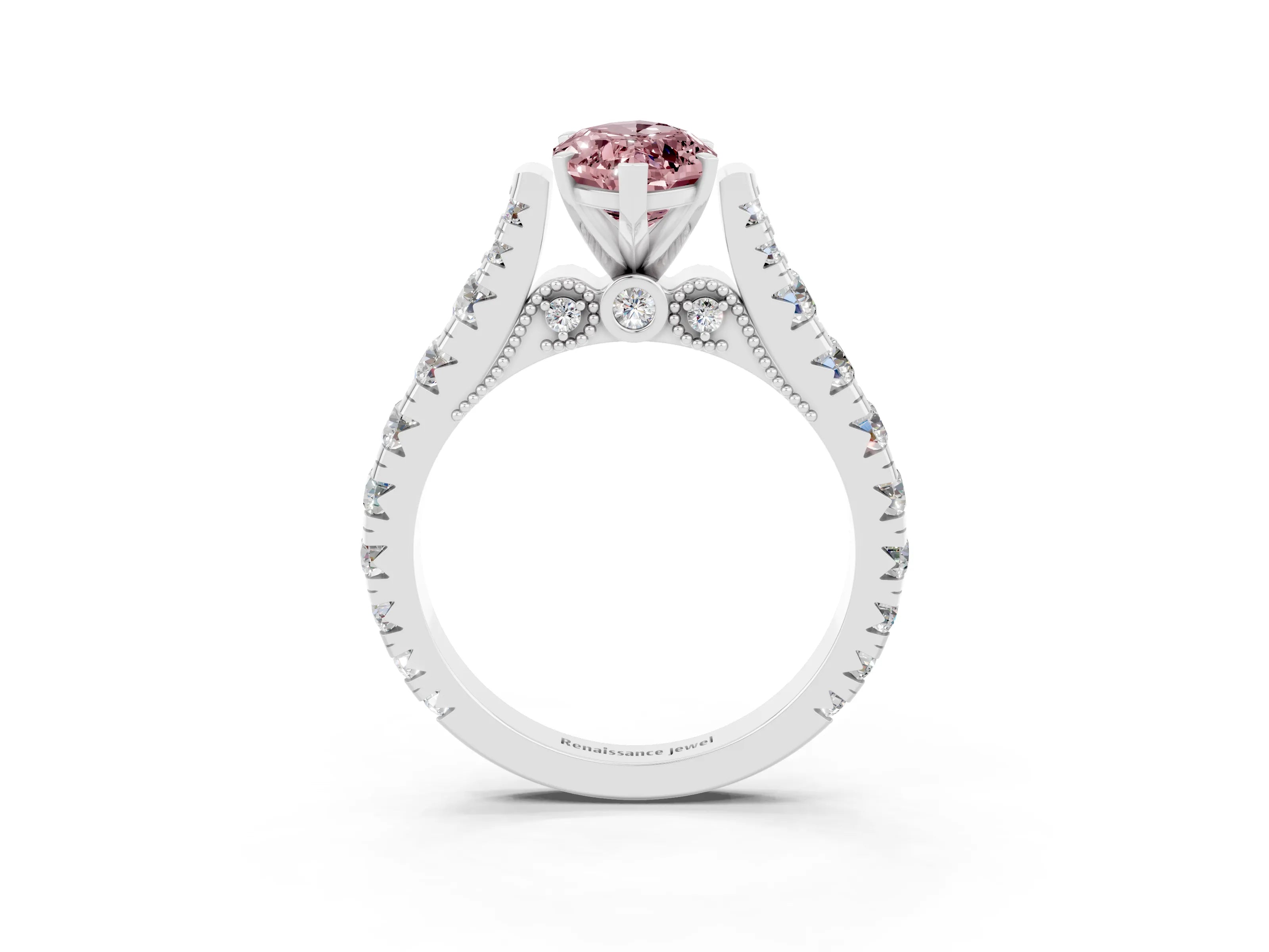 White gold Marquise Cut Morganite Classic Solitaire Ring with Pavé Band and Four-Prong Setting_3