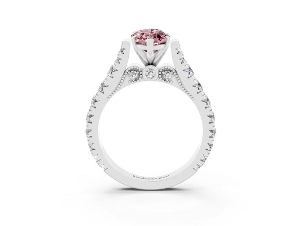 White gold Marquise Cut Morganite Classic Solitaire Ring with Pavé Band and Four-Prong Setting