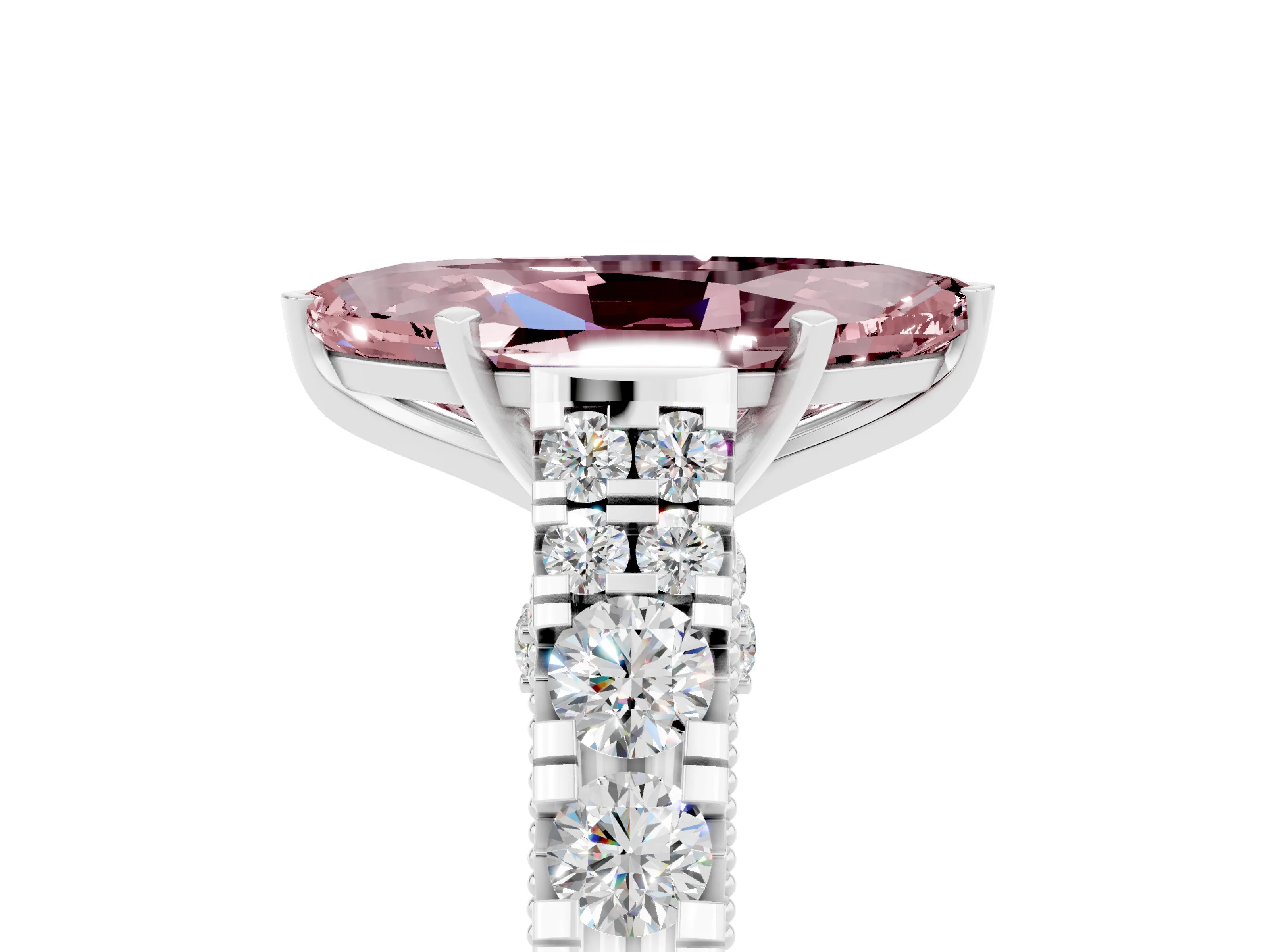 White gold Marquise Cut Morganite Classic Solitaire Ring with Pavé Band and Four-Prong Setting_5