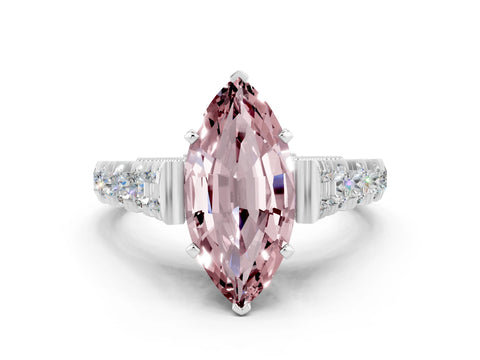 White gold Marquise Cut Morganite Classic Solitaire Ring with Pavé Band and Four-Prong Setting