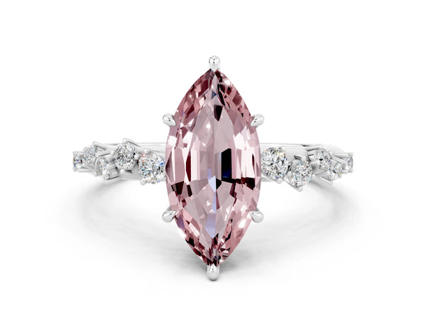 Platinum Marquise Cut Morganite Cluster Side Stone Solitaire Ring with Prong Setting