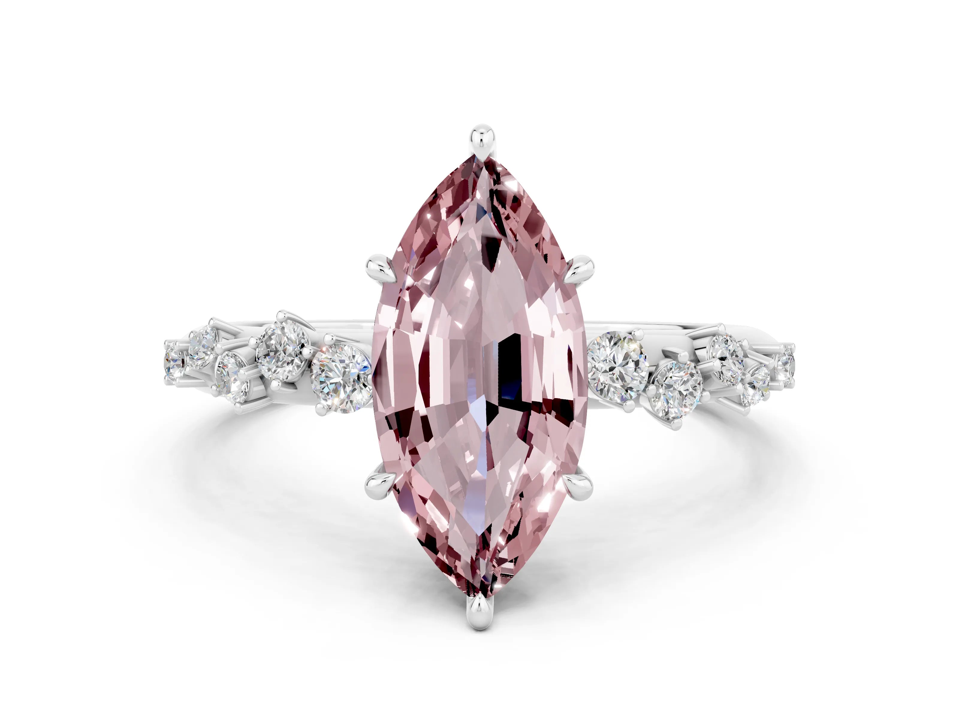 White gold Marquise Cut Morganite Cluster Side Stone Solitaire Ring with Prong Setting_24
