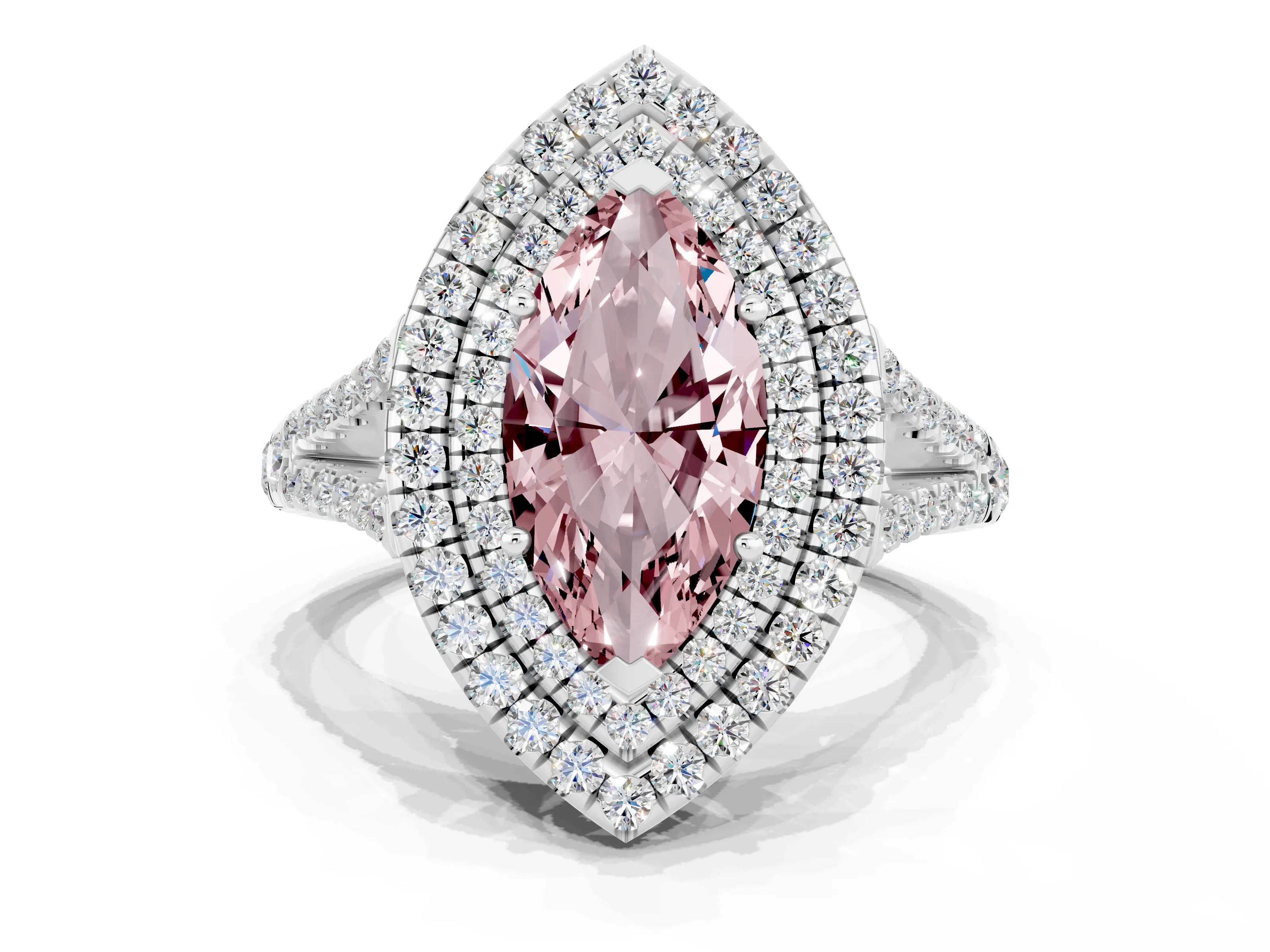 White gold Marquise Cut Morganite Double Halo Ring with Pavé Band and Prong Setting_12