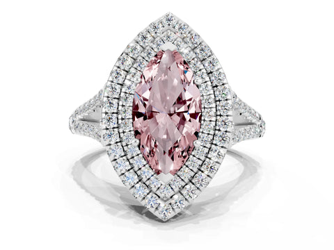 White gold Marquise Cut Morganite Double Halo Ring with Pavé Band and Prong Setting_12