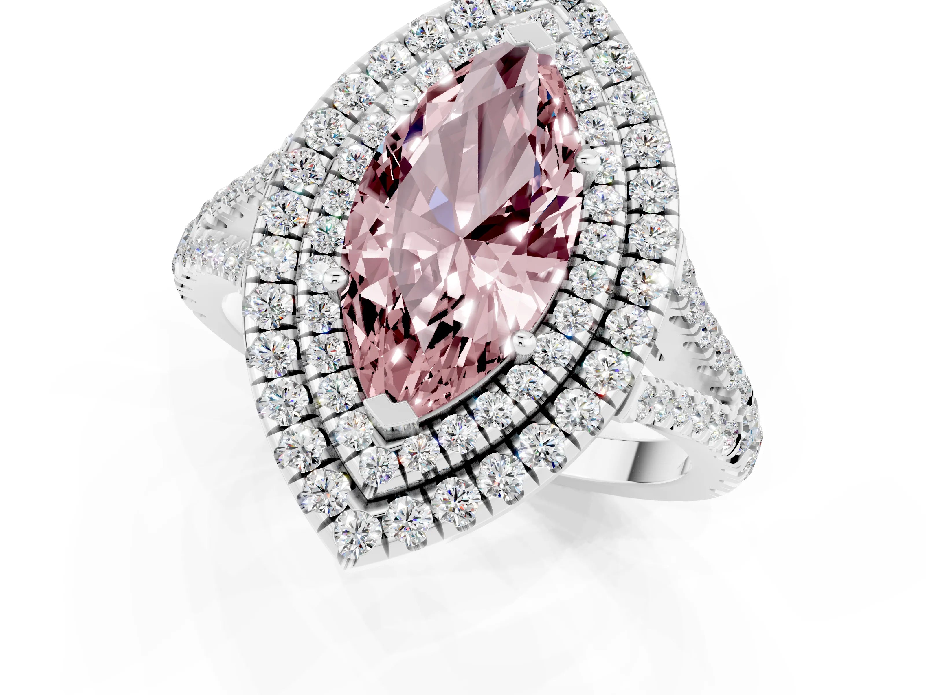 White gold Marquise Cut Morganite Double Halo Ring with Pavé Band and Prong Setting_13