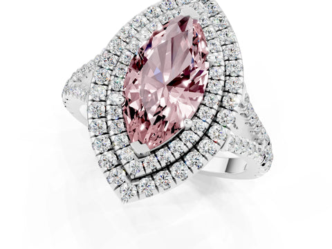 White gold Marquise Cut Morganite Double Halo Ring with Pavé Band and Prong Setting_13