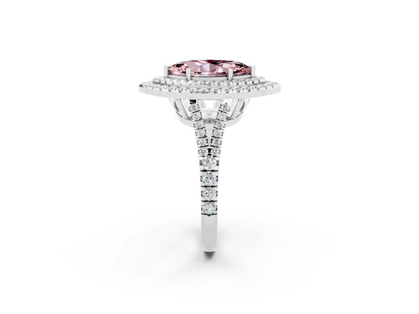 Platinum Marquise Cut Morganite Double Halo Ring with Pavé Band and Prong Setting
