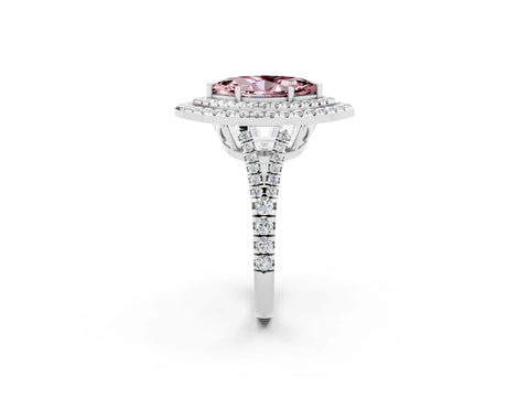 White gold Marquise Cut Morganite Double Halo Ring with Pavé Band and Prong Setting_14