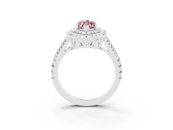 Platinum Marquise Cut Morganite Double Halo Ring with Pavé Band and Prong Setting