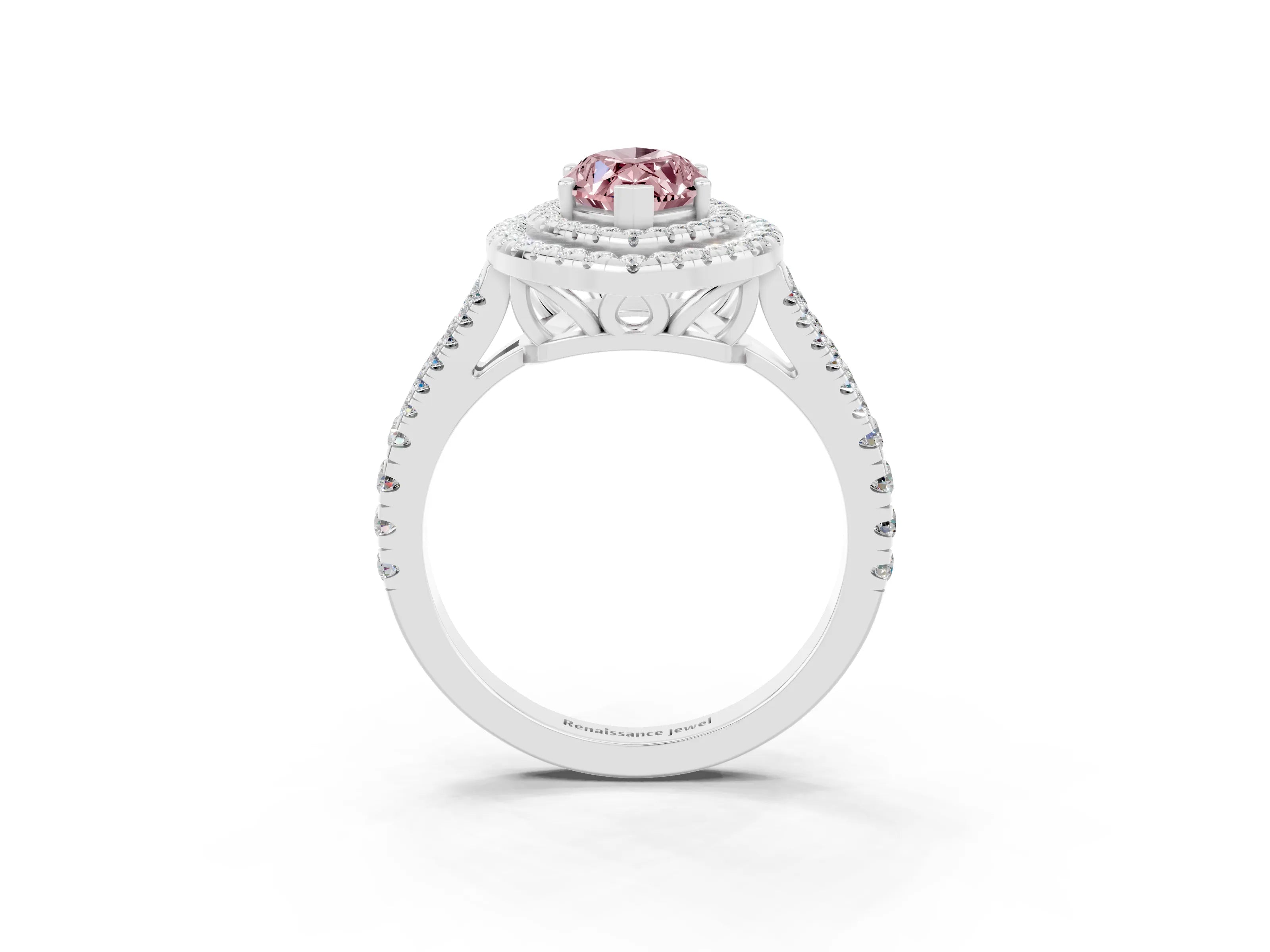 White gold Marquise Cut Morganite Double Halo Ring with Pavé Band and Prong Setting_15