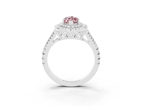 White gold Marquise Cut Morganite Double Halo Ring with Pavé Band and Prong Setting_15