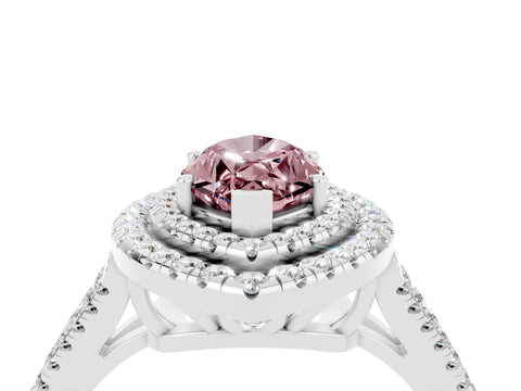 White gold Marquise Cut Morganite Double Halo Ring with Pavé Band and Prong Setting_16