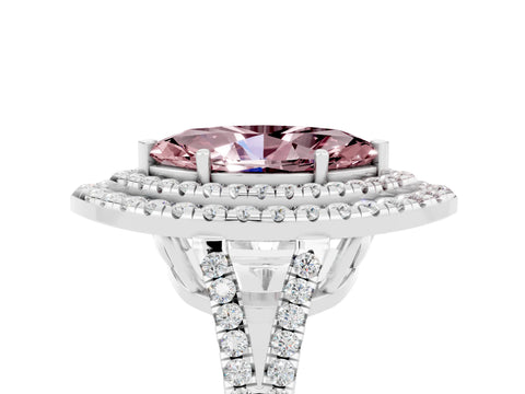 White gold Marquise Cut Morganite Double Halo Ring with Pavé Band and Prong Setting_17