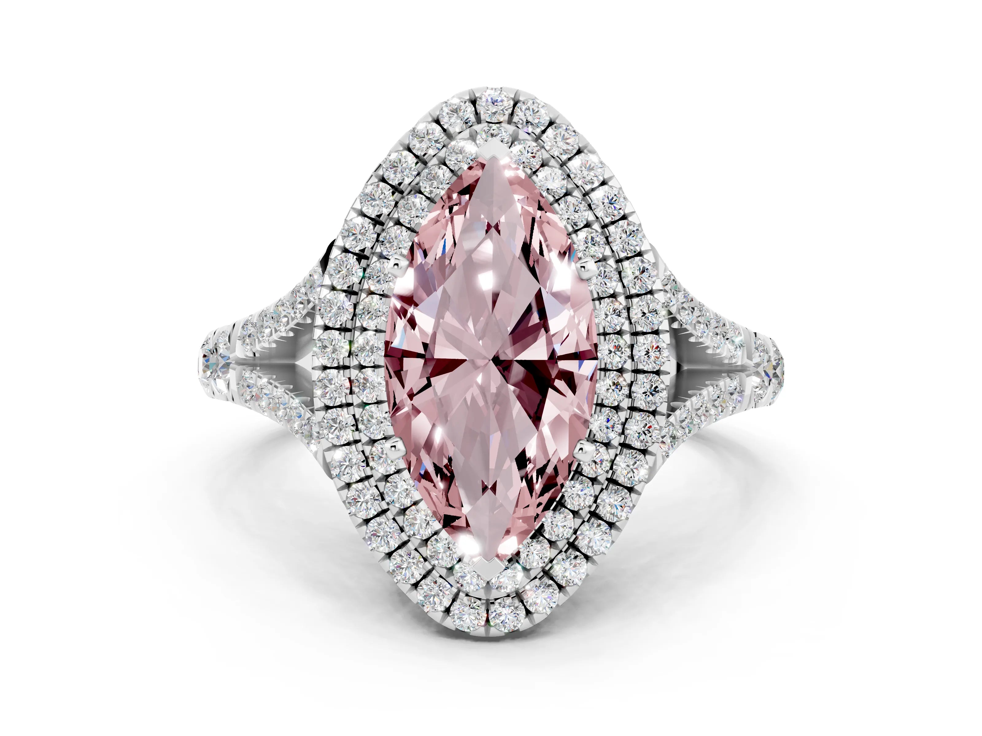 White gold Marquise Cut Morganite Double Halo Ring with Split Shank and Prong Setting_12