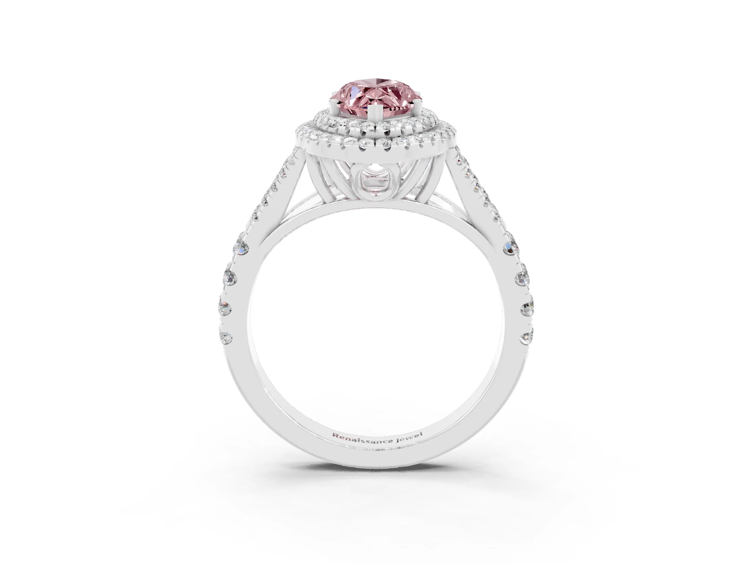 White gold Marquise Cut Morganite Double Halo Ring with Split Shank and Prong Setting_15