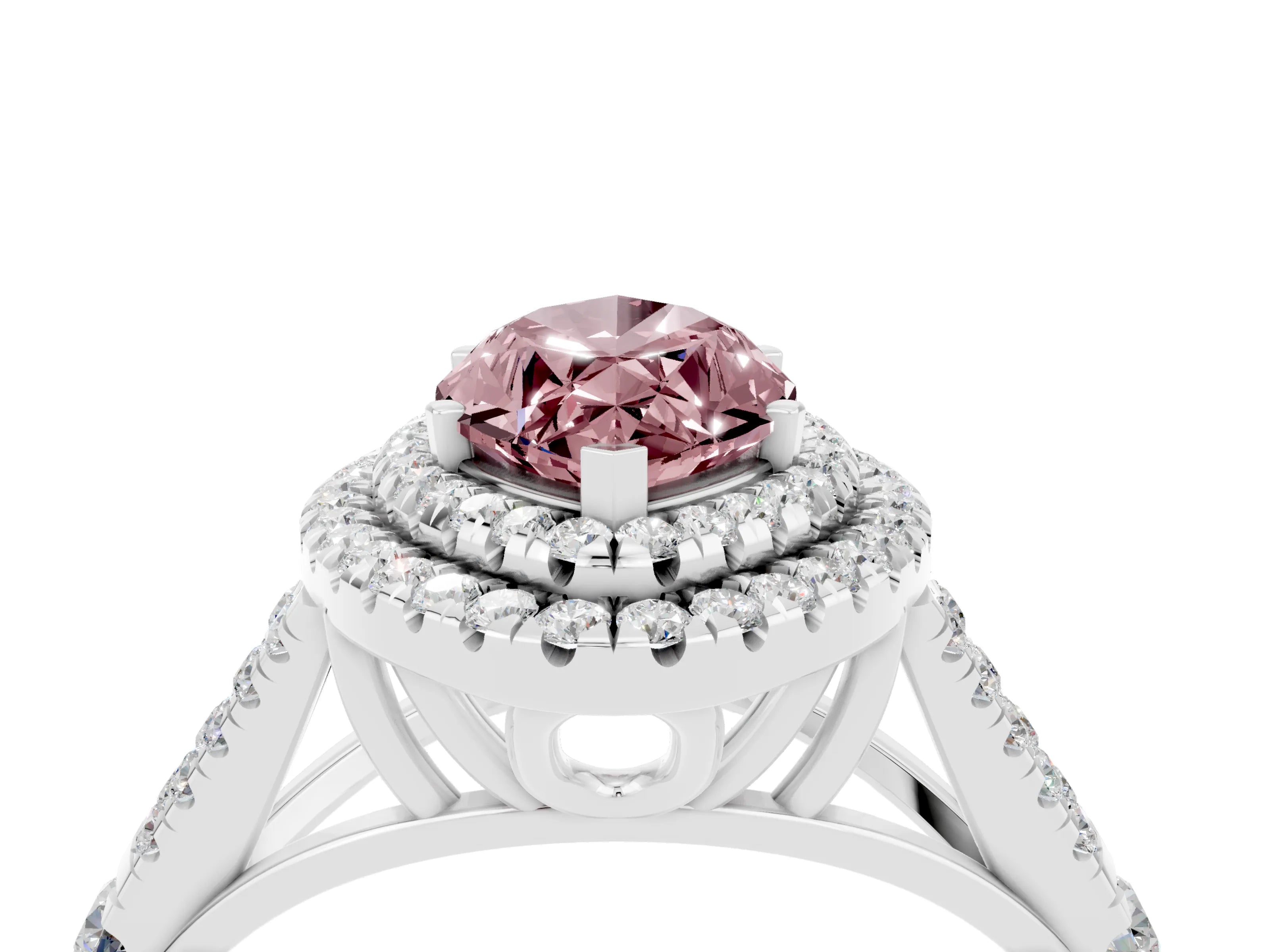 White gold Marquise Cut Morganite Double Halo Ring with Split Shank and Prong Setting_16