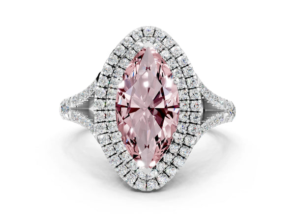 White gold Marquise Cut Morganite Double Halo Ring with Split Shank and Prong Setting
