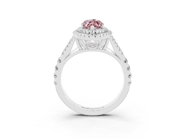 White gold Marquise Cut Morganite Double Halo Ring with Split Shank and Prong Setting
