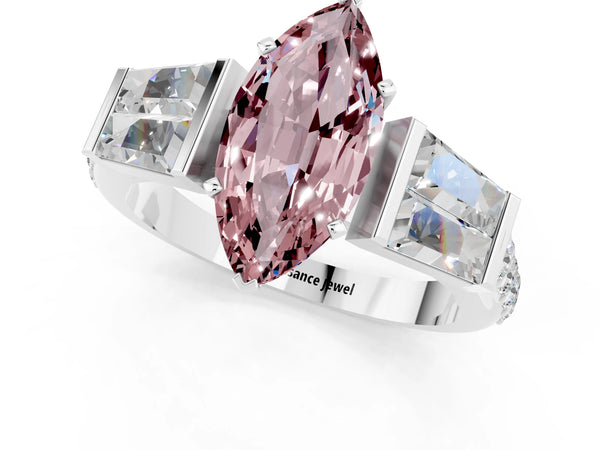 White gold Marquise Cut Morganite Engagement Ring with Baguette Side Stones and Channel Set Band