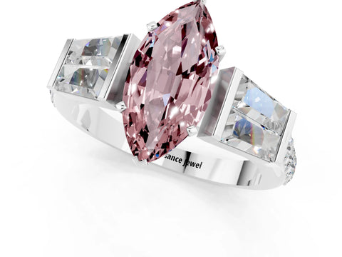 White gold Marquise Cut Morganite Engagement Ring with Baguette Side Stones and Channel Set Band_1