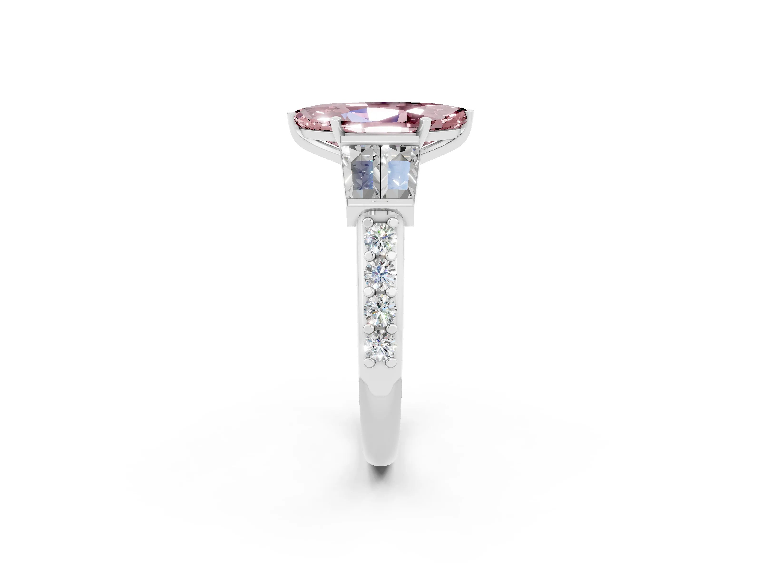 White gold Marquise Cut Morganite Engagement Ring with Baguette Side Stones and Channel Set Band_2