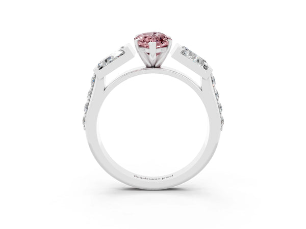 Silver Marquise Cut Morganite Engagement Ring with Baguette Side Stones and Channel Set Band