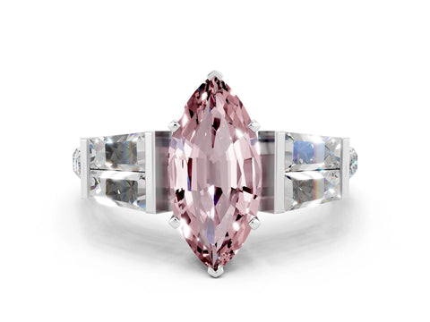White gold Marquise Cut Morganite Engagement Ring with Baguette Side Stones and Channel Set Band