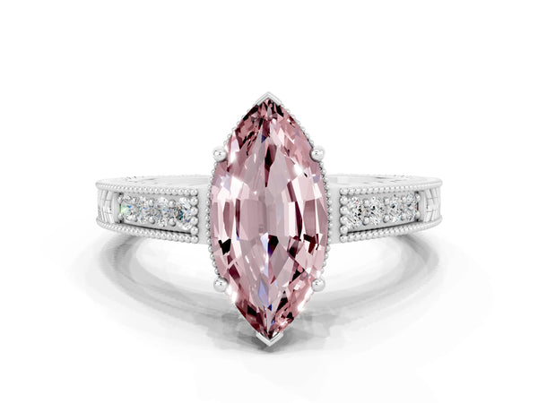 Platinum Marquise Cut Morganite Engagement Ring with Milgrain Channel Set Band and Prong Setting