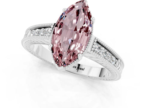 White gold Marquise Cut Morganite Engagement Ring with Milgrain Channel Set Band and Prong Setting_1