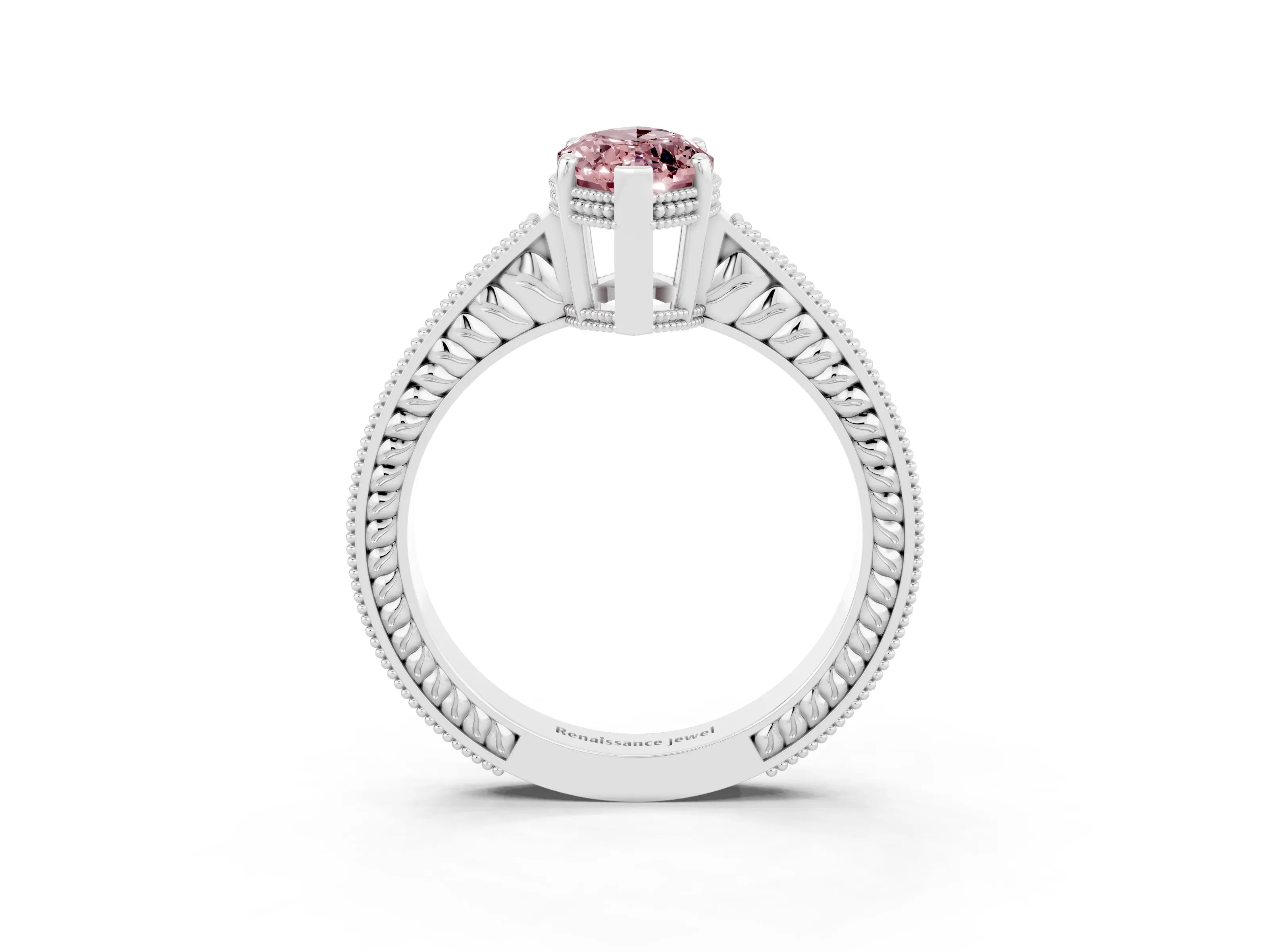 White gold Marquise Cut Morganite Engagement Ring with Milgrain Channel Set Band and Prong Setting_3