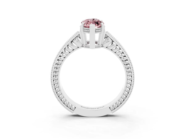 Platinum Marquise Cut Morganite Engagement Ring with Milgrain Channel Set Band and Prong Setting