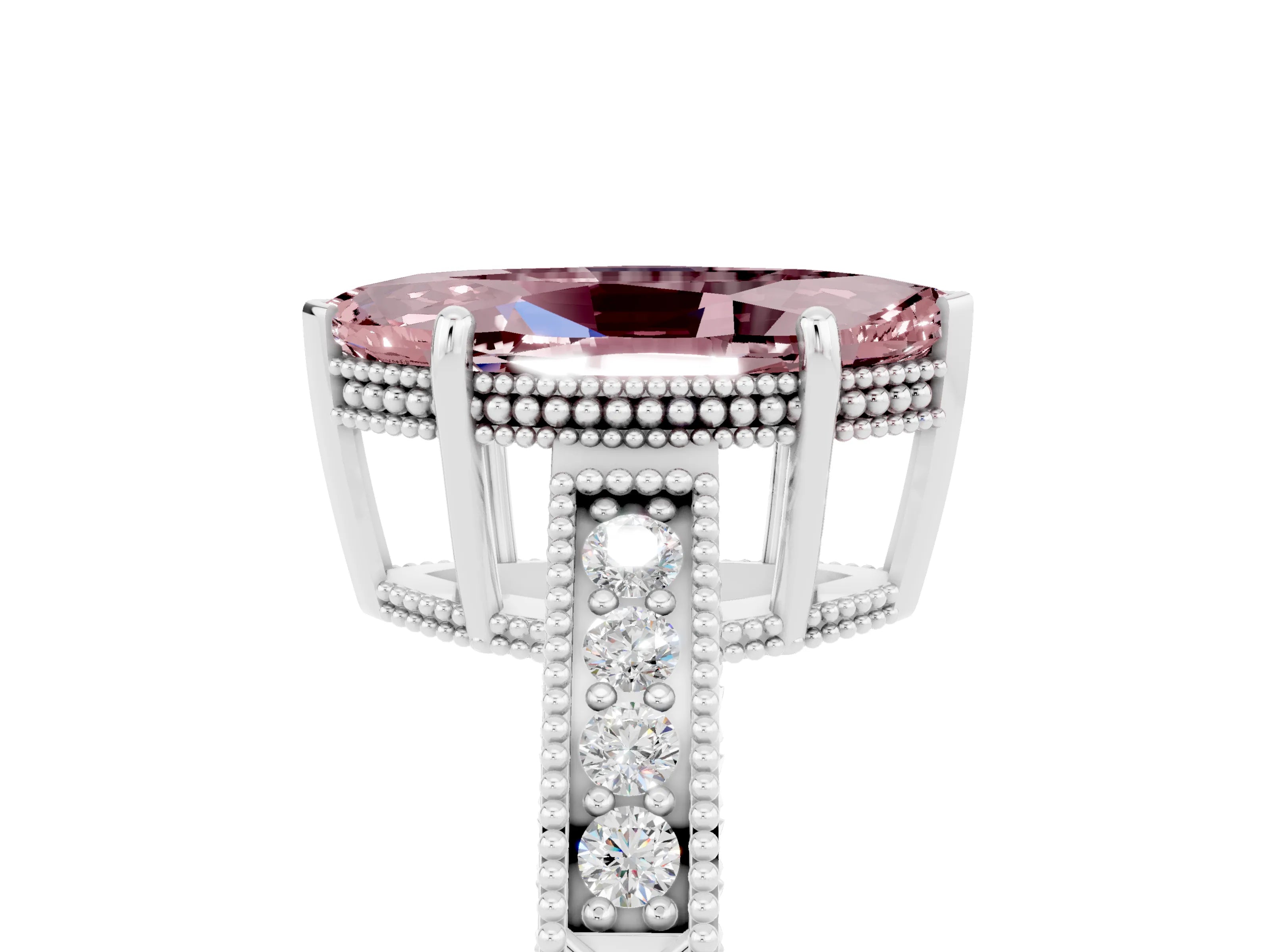 White gold Marquise Cut Morganite Engagement Ring with Milgrain Channel Set Band and Prong Setting_5
