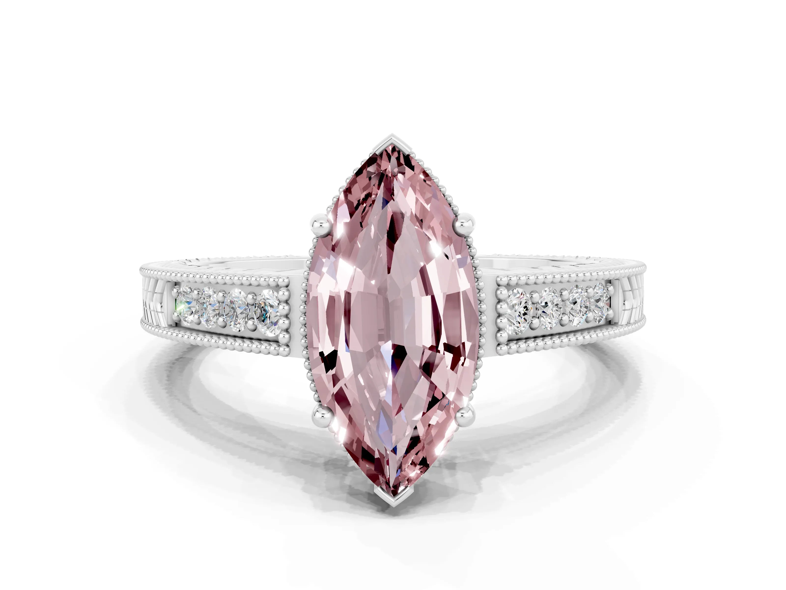 White gold Marquise Cut Morganite Engagement Ring with Milgrain Channel Set Band and Prong Setting