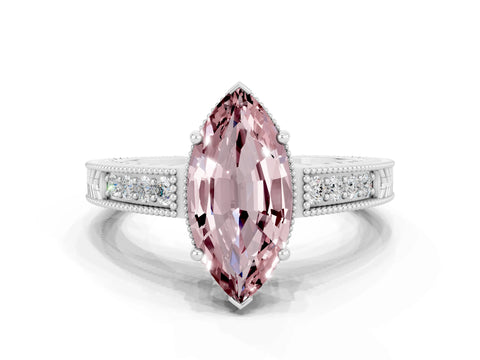 White gold Marquise Cut Morganite Engagement Ring with Milgrain Channel Set Band and Prong Setting