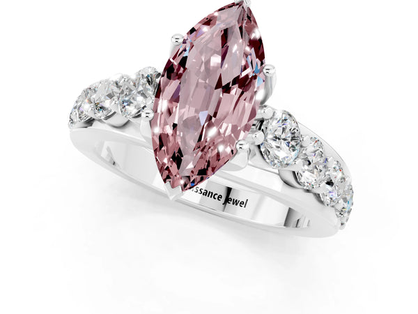White gold Marquise Cut Morganite Engagement Ring with Pavé Band and Four-Prong Setting