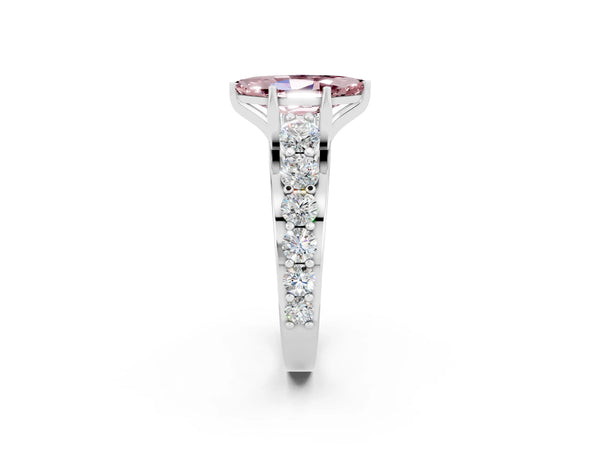 Platinum Marquise Cut Morganite Engagement Ring with Pavé Band and Four-Prong Setting