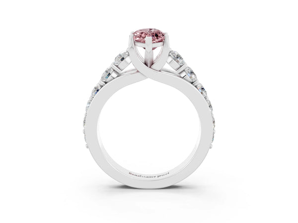 White gold Marquise Cut Morganite Engagement Ring with Pavé Band and Four-Prong Setting