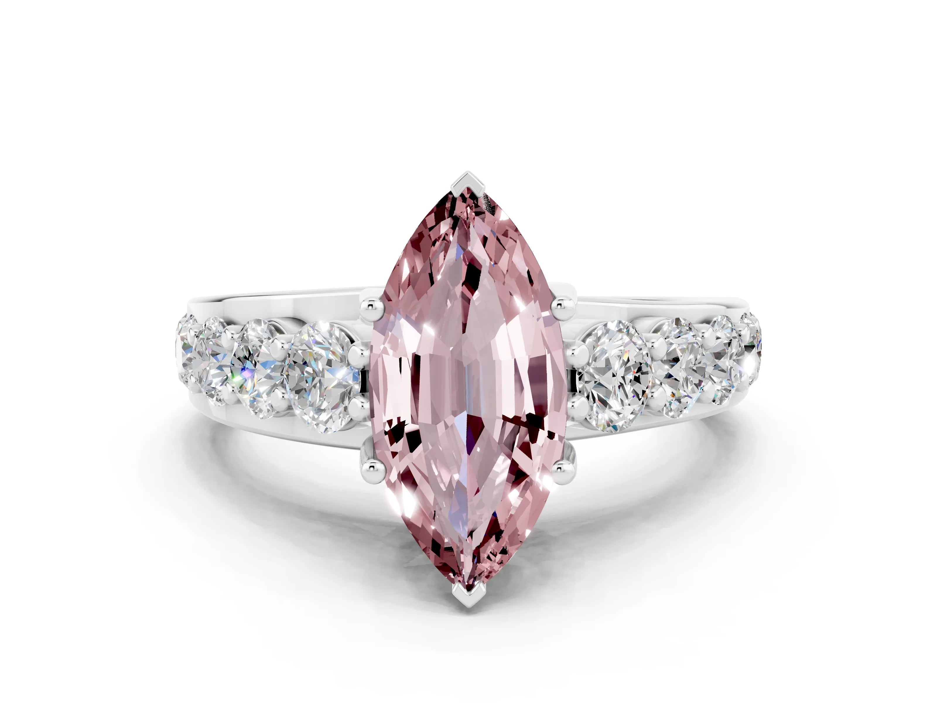 White gold Marquise Cut Morganite Engagement Ring with Pavé Band and Four-Prong Setting